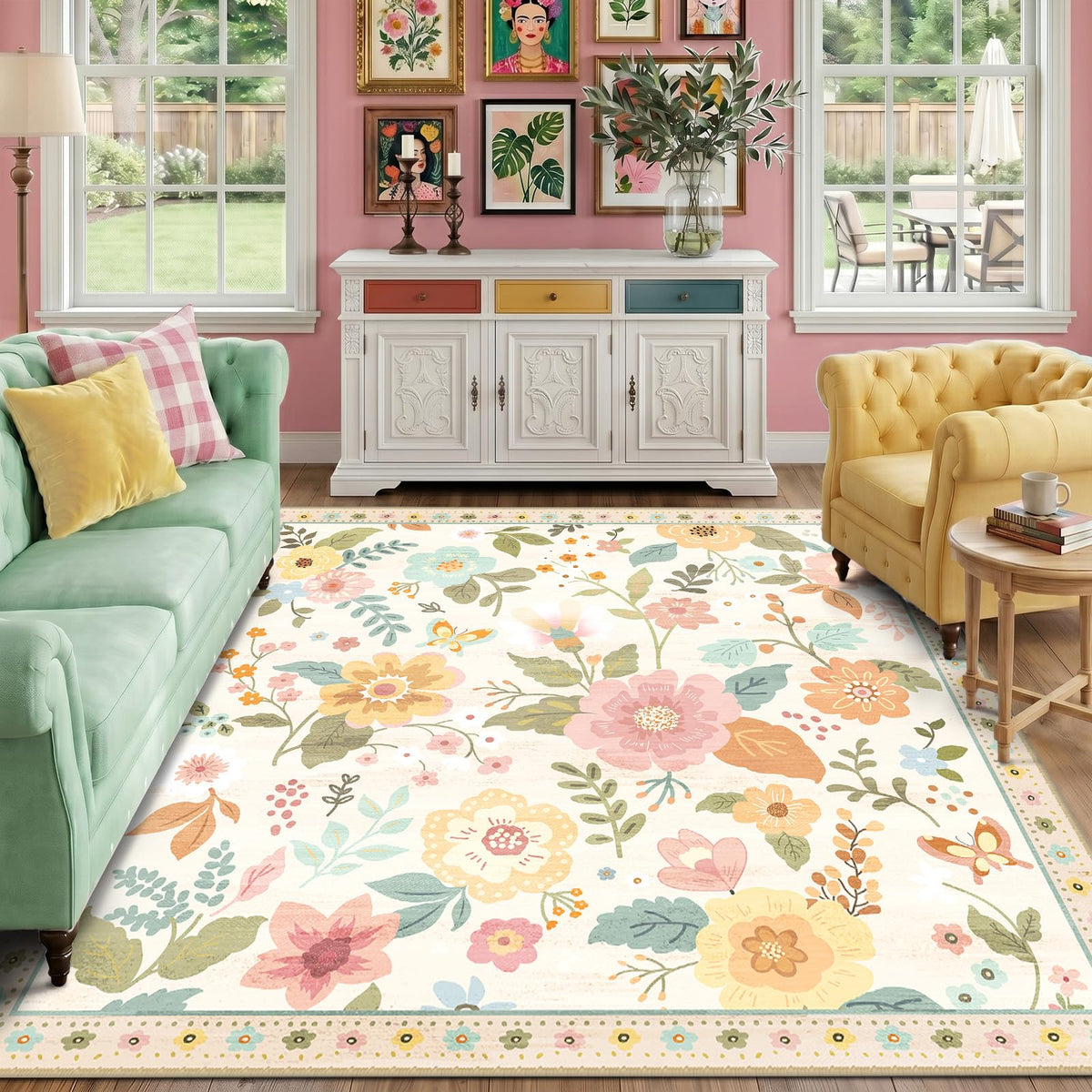 RELEANY Floral Washable 5x7 Area Rugs Pink