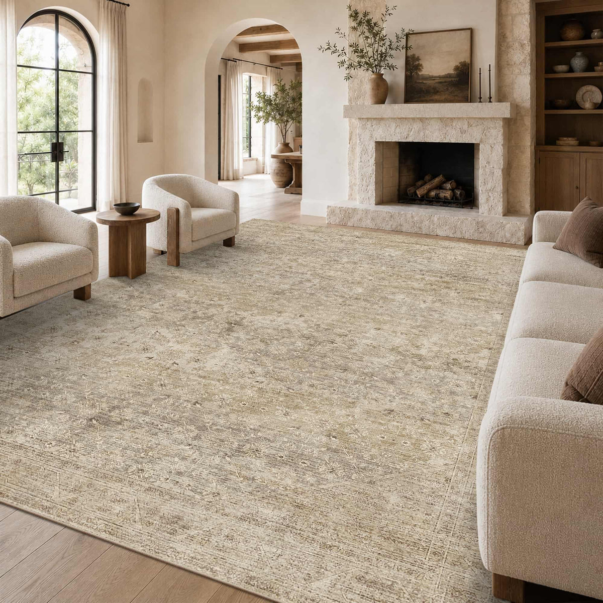 8x10 Washable Boho Area Rug, Dark Beige Farmhouse for Living Room