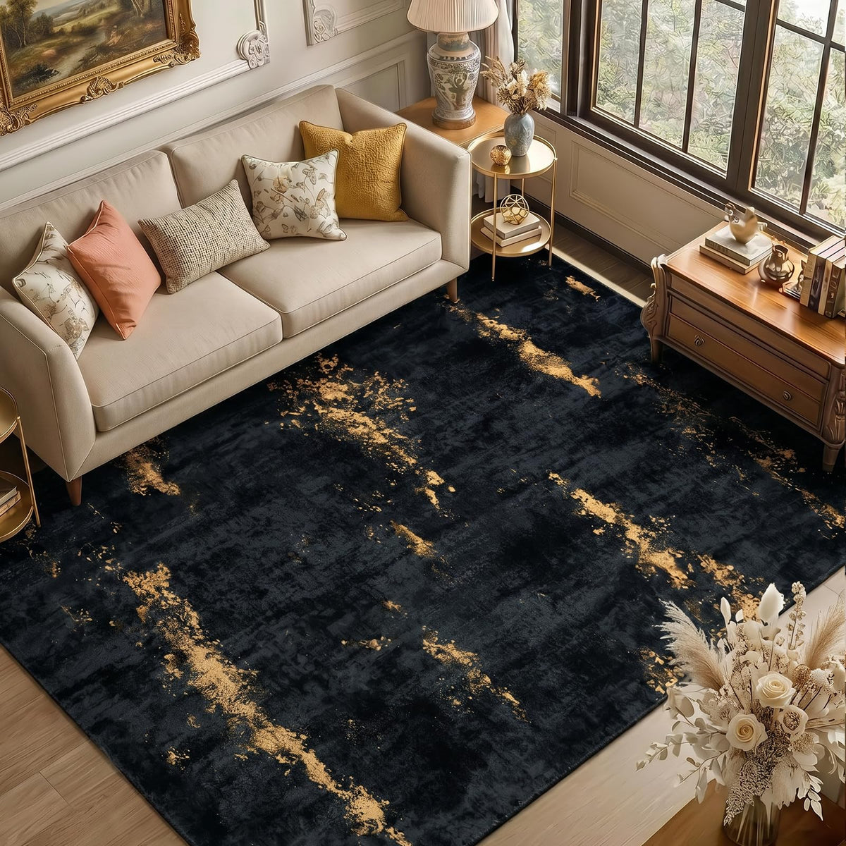 Fixwal Washable 5x7 Area Rug for Living Room, Non-Slip, Black/Gold