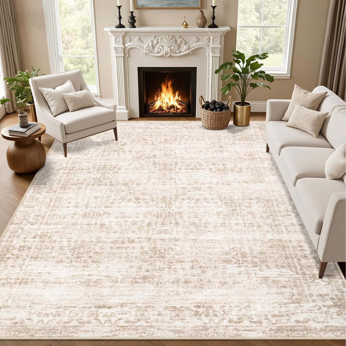5x7 Area Rugs Living Room: Washable Vintage Rug for Bedroom Beige