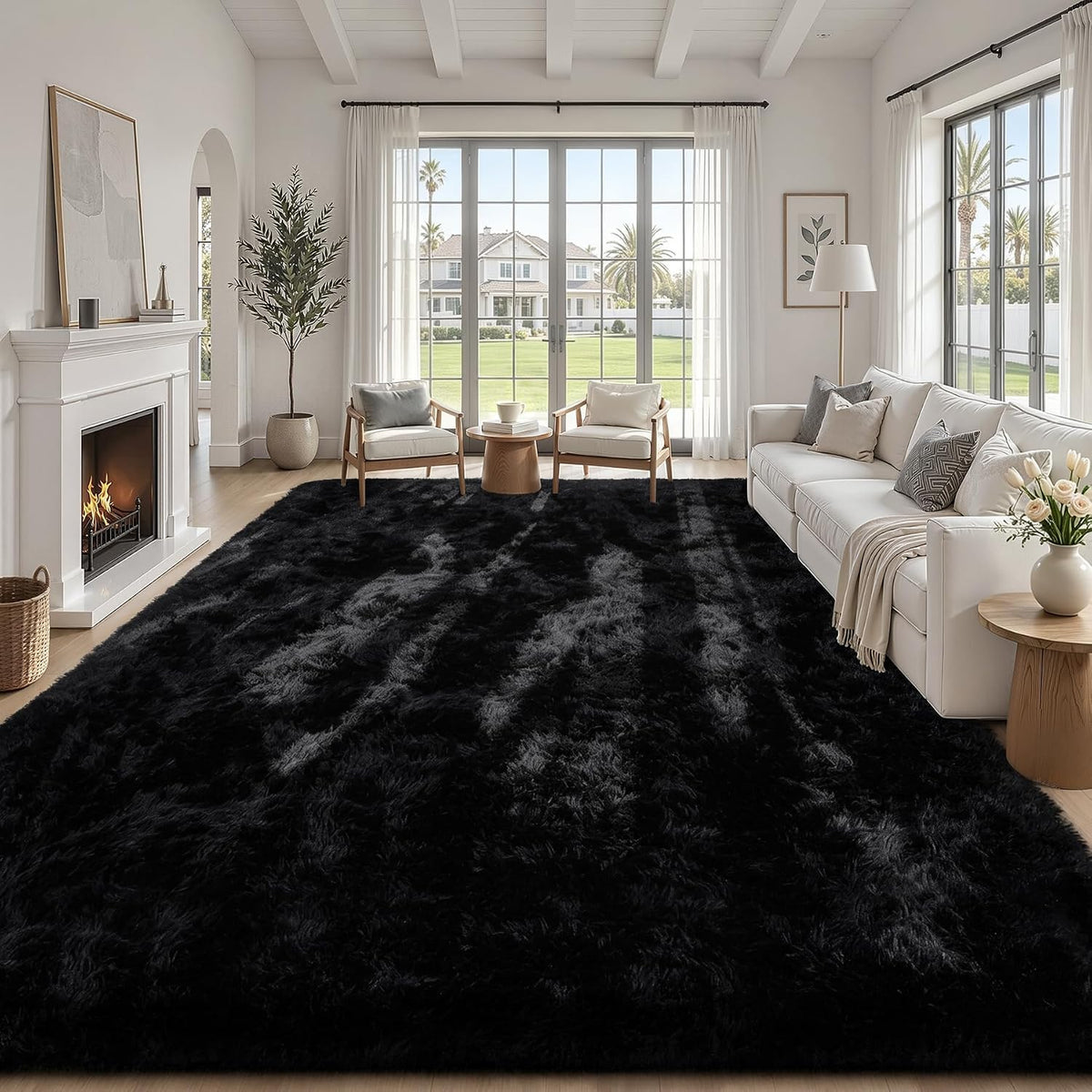 TENGTENGLINK 8x10 Fluffy Shag Area Rug Living Room Bedroom Washable Black