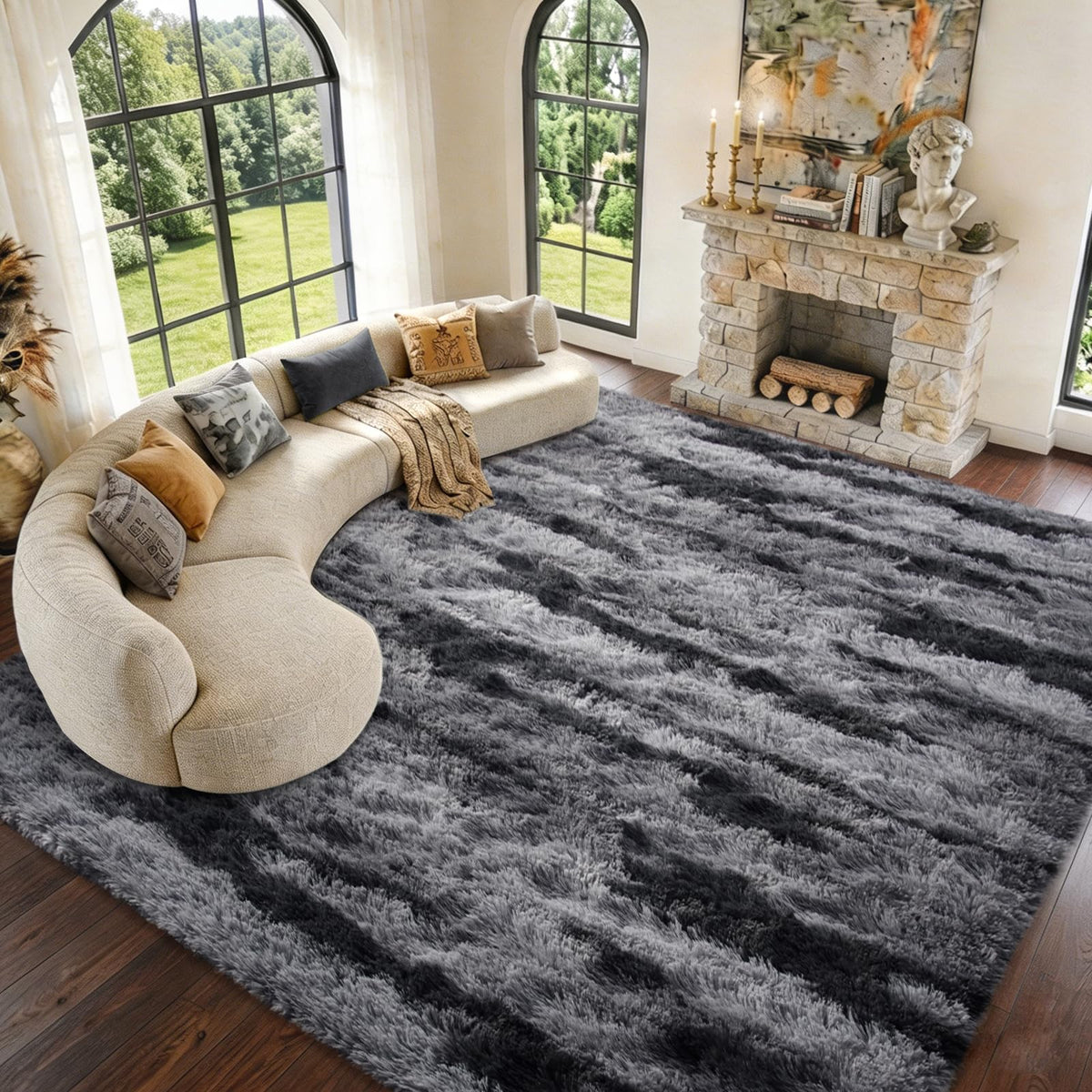9x12 Extra Large Fluffy Area Rugs for Living Room Tie-Dyed Light Grey