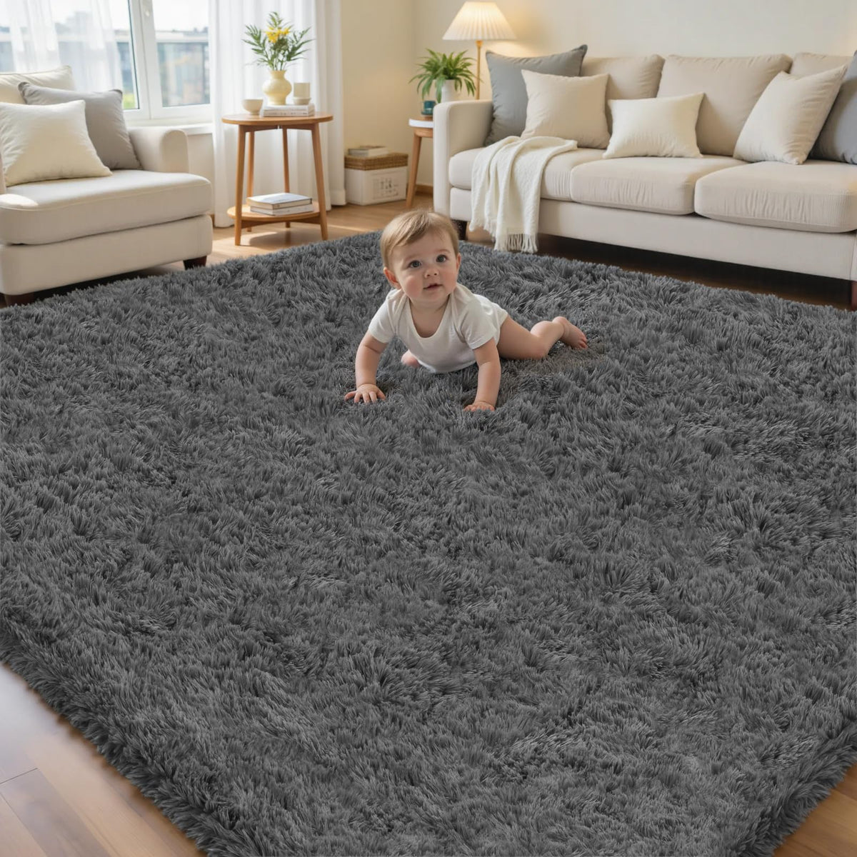 6x9 Black Fluffy Fuzzy Shag Area Rug for Living Room, Bedroom, Dorm Carpet
