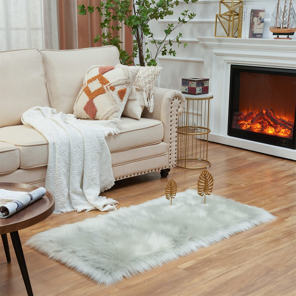 EasyJoy Ultra Soft Fluffy/Fuzzy Shaggy Area Rug Faux Fur Chair Cover Seat Pad for Bedroom Floor Sofa Living Room (2 x 6 ft Sheepskin, Beige)