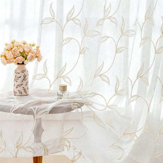 VISIONTEX Sheer Curtains Boho Leaf Floral Embroidered Cream Beige 54Wx84L