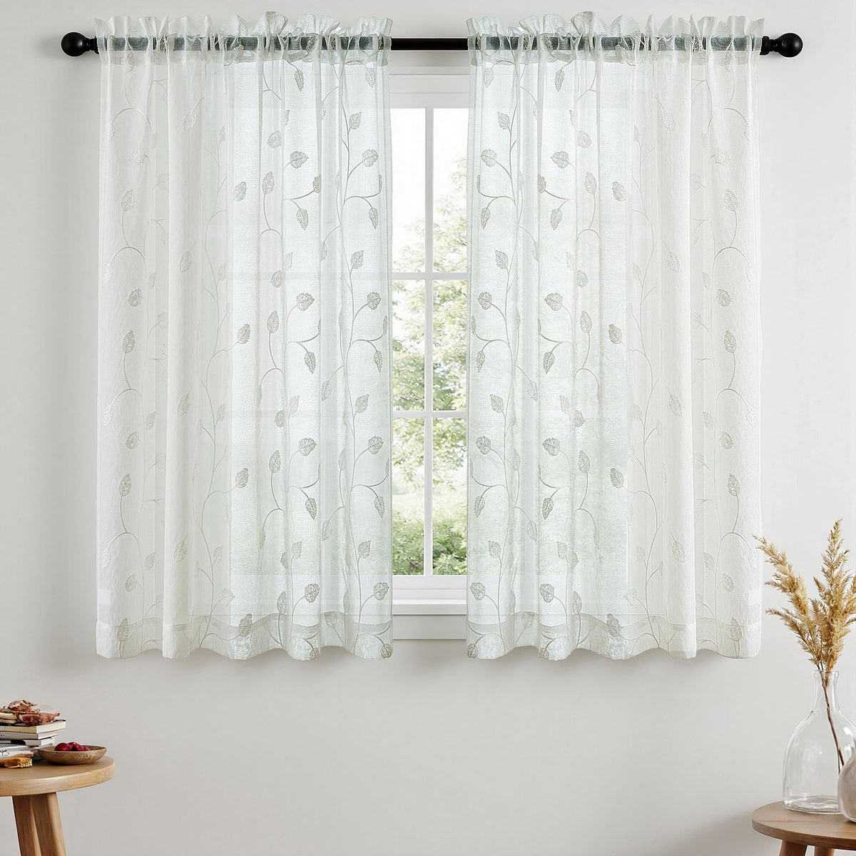 VISIONTEX Sheer Curtains Boho Leaf Floral Embroidered Cream Beige 54Wx84L