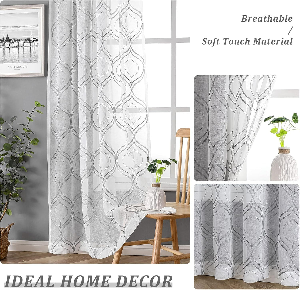 VISIONTEX White Sheer Curtains Grey Moroccan Embroidered 63 Inch Length
