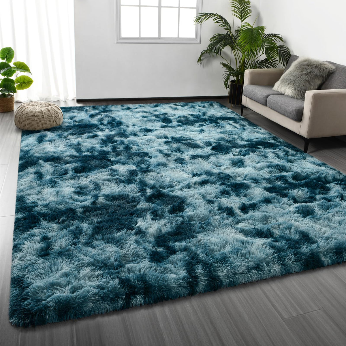 Deerhoo Large Shag Area Rugs 5 x 8, Tie-Dyed Plush Fuzzy Rugs, Light Grey