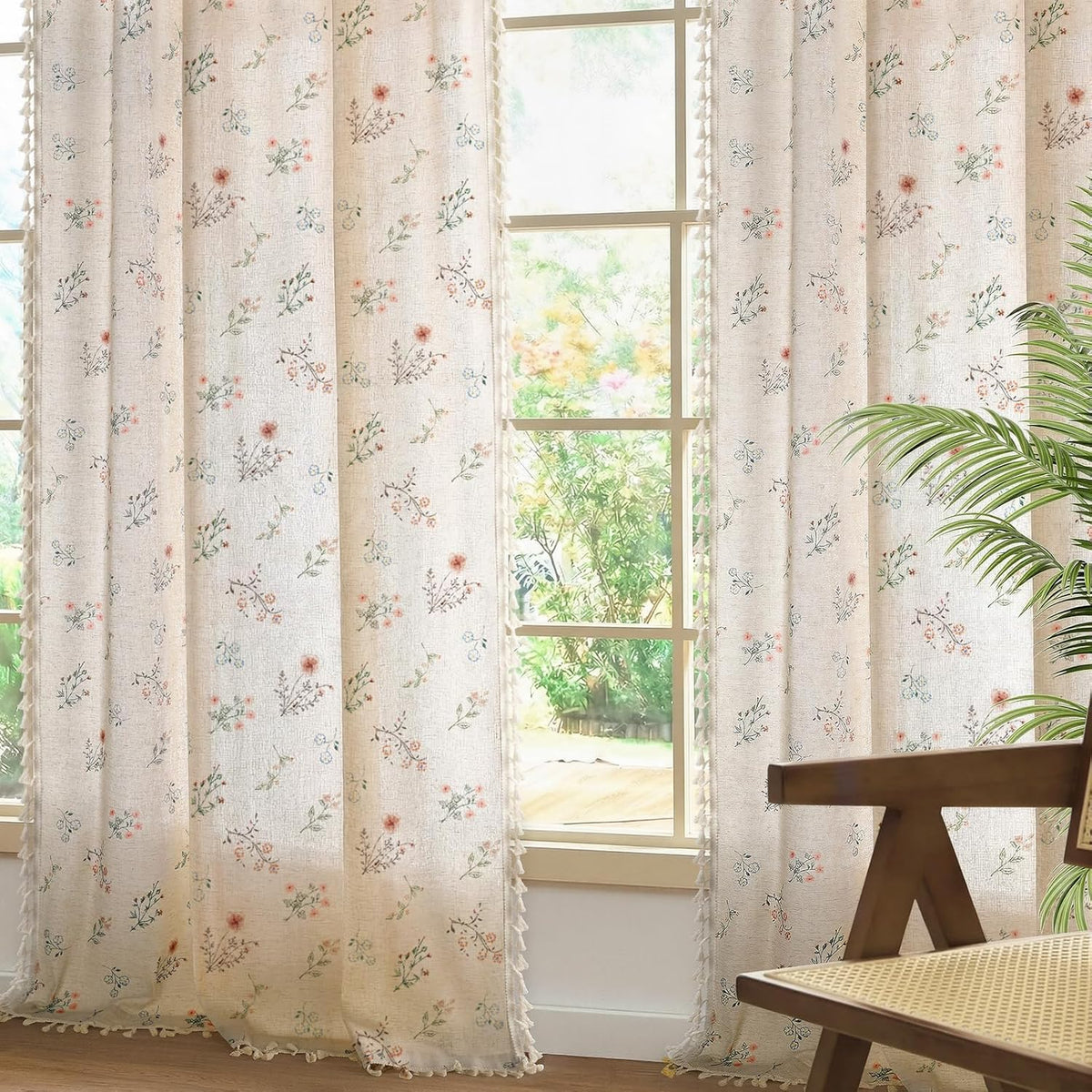 Boho Floral Light Filtering Curtains 84 Inch 2 Panels Linen Texture