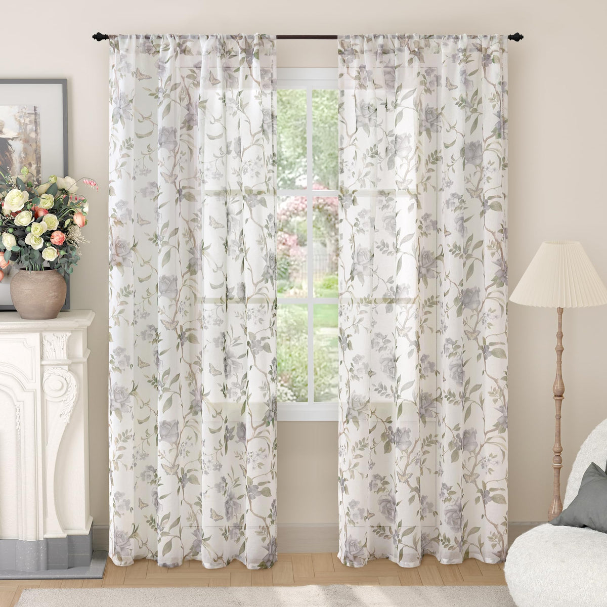 Lajode Pink Floral Sheer Curtains for Girls Room - 52x84 Inch 2 Panels