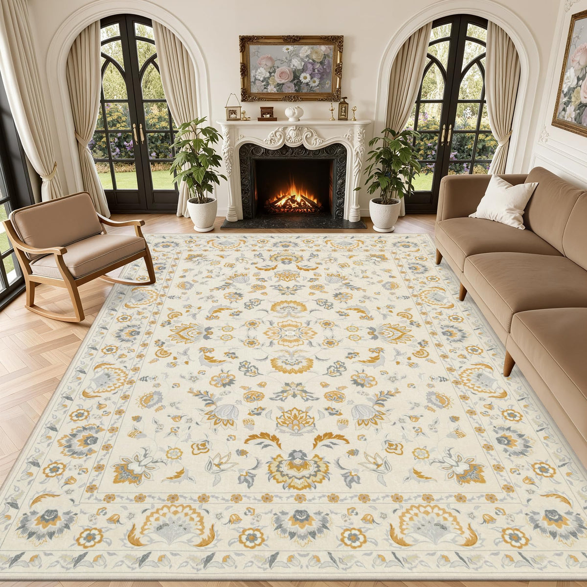 5x7 Area Rug Living Room: Soft Floral Washable Carpet Dark Green