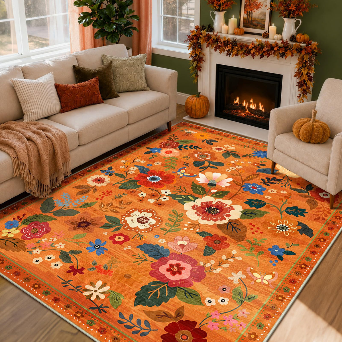 RELEANY Floral Washable 5x7 Area Rugs Pink