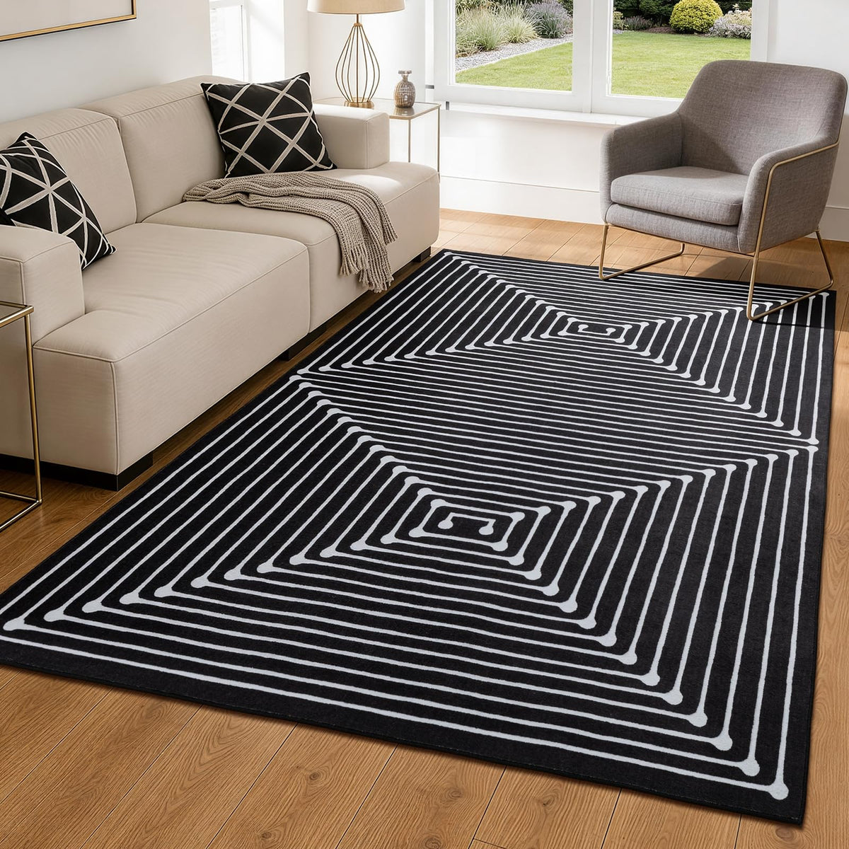 YIHOUSE Washable 5x7 Area Rugs for Living Room, Black and White Striped Rug for Bedroom Playroom Non Slip Low Pile, Soft Modern Geometric Carpet for Entryway Home Office Decor