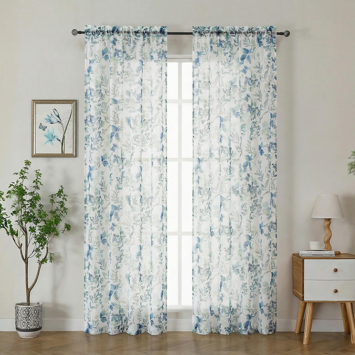 OWENIE Crushed Sheer Curtains 63 Inch Length 2 Panels Set, Sheer Floral Curtians with Printed Leaves Design, Printing Drapes for Living Room, Rod Pocket Light Filtering Window Sheers 42" W x 63" L