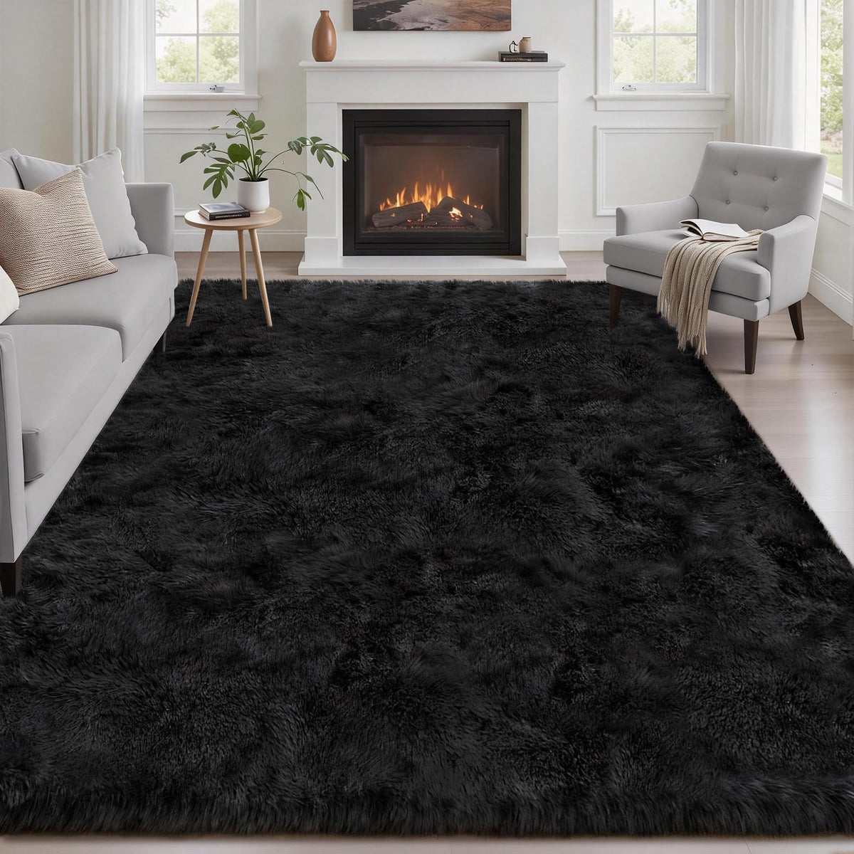 8x10 Area Rug Living Room Bedroom: Fluffy Plush Shag Carpet Black