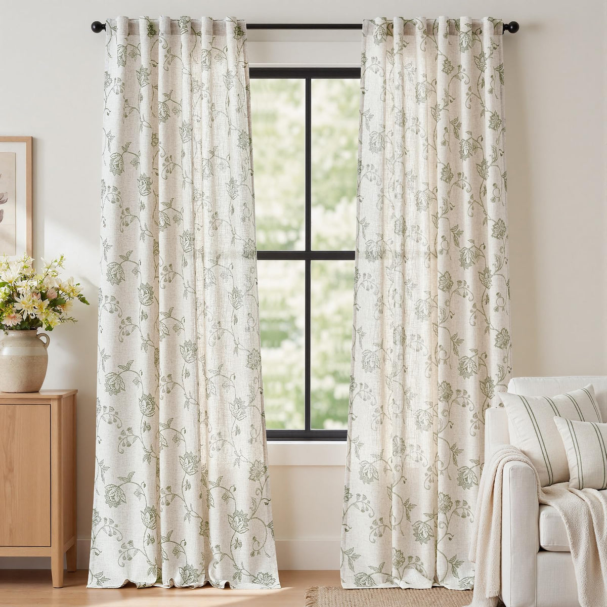 jinchan Green Floral Linen Curtains 84 Inch Vintage Back Tab 2 Panels