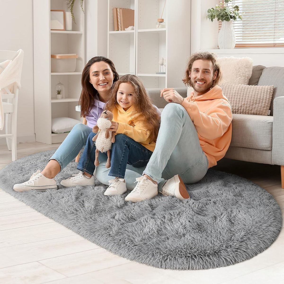 LOCHAS Bedroom Rug 2.6' x 5.3', Grey Fluffy Shaggy Area Rug for Kids Room