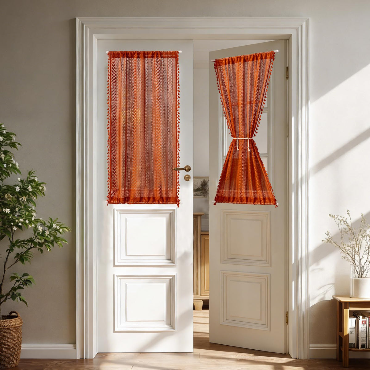Sutuo Home Terracotta Boho Lace Curtains 2 Panels 84 Inches Long for Living Room&Bedroom, Burnt Orange Crochet Privacy Farmhouse Vintage Tassels Retro Halloween Window Sheer Curtains Rod Pocket,50" W