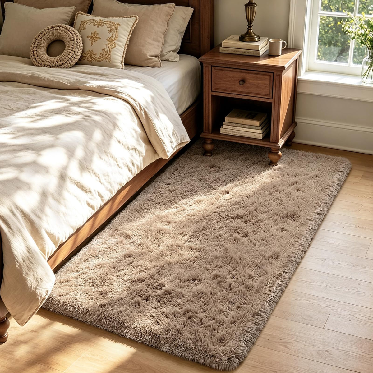 Beige 8x10 Area Rugs for Living Room, Fluffy Shag Rug Large Bedroom Carpet
