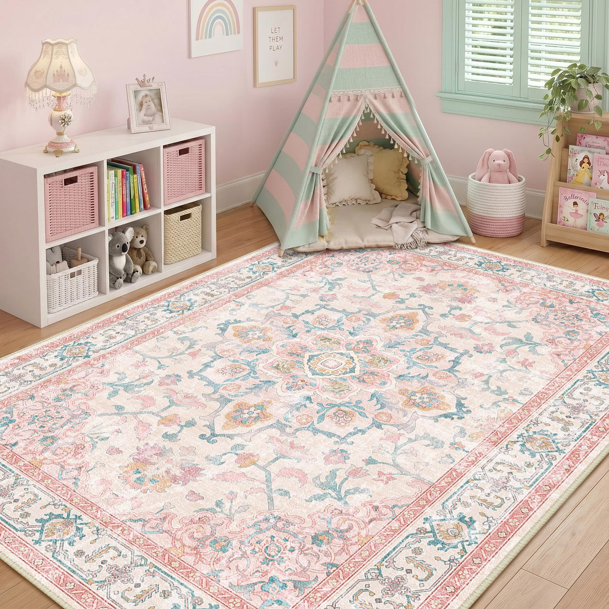 CAPALOCA 5x7 Washable Nursery Girls Low Pile Area Rug Pink