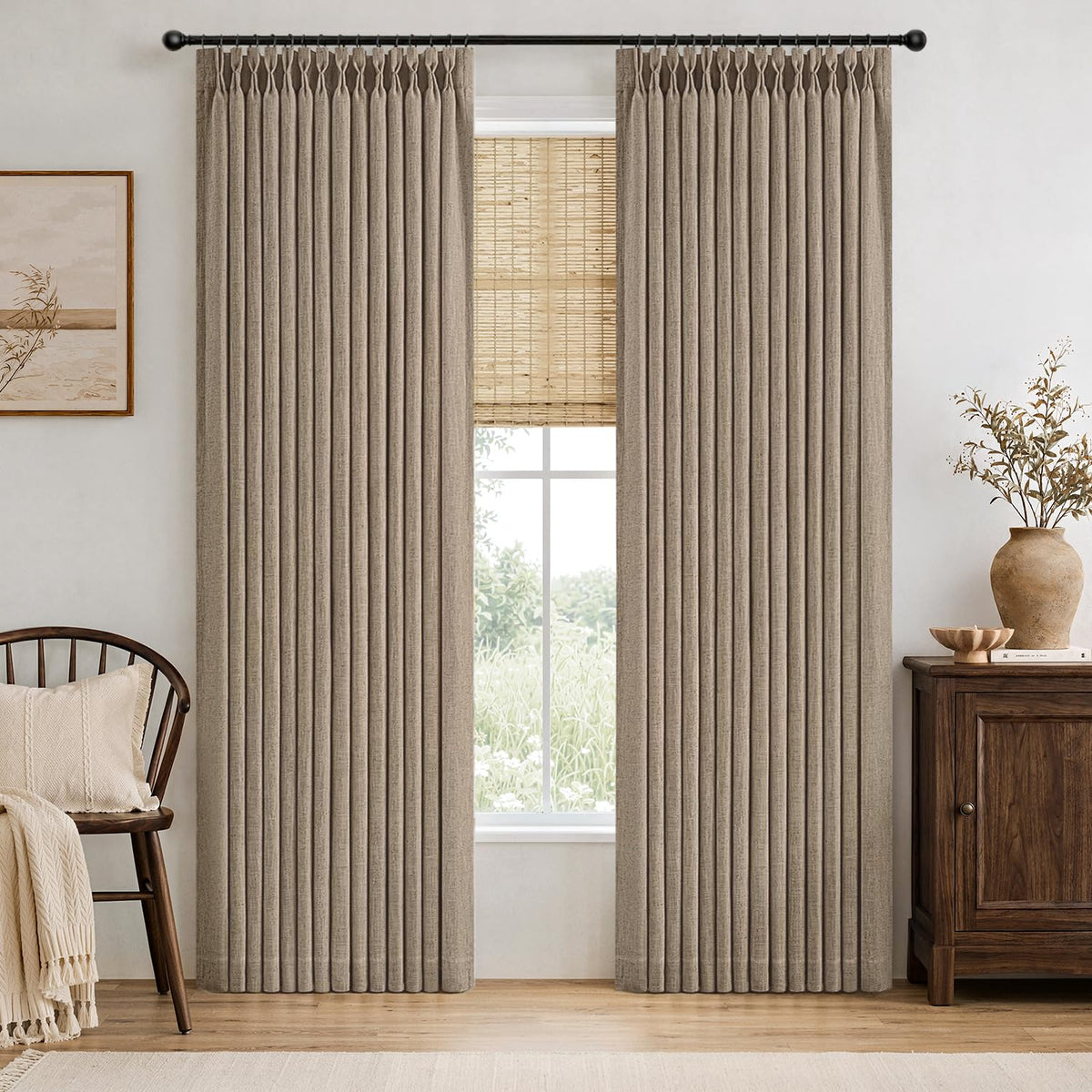 MIULEE Pinch Pleated Thick Linen Curtains 96 Inches Burlap Brown Curtains