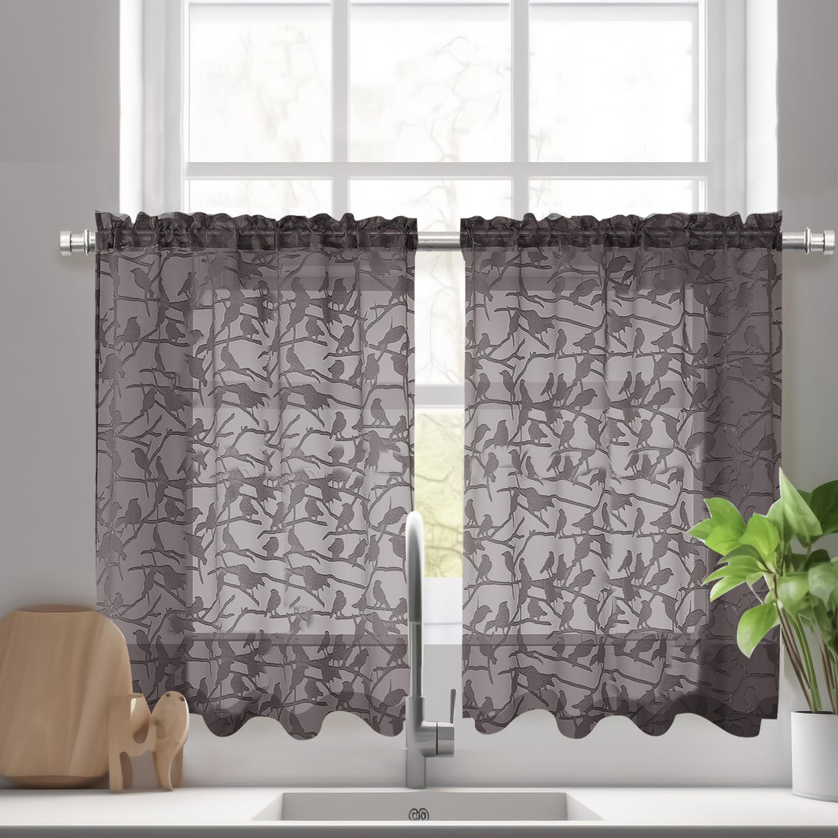 OVZME Sage Green Sheer Curtains 63 Inch Length 2 Panel Set, Light Filtering Bedroom Curtains with Dual Rod Pocket Top, Leaf Bird Clip Jacquard Sheer Farmhouse Window Drapes for Living Room, 2x38Wx63L