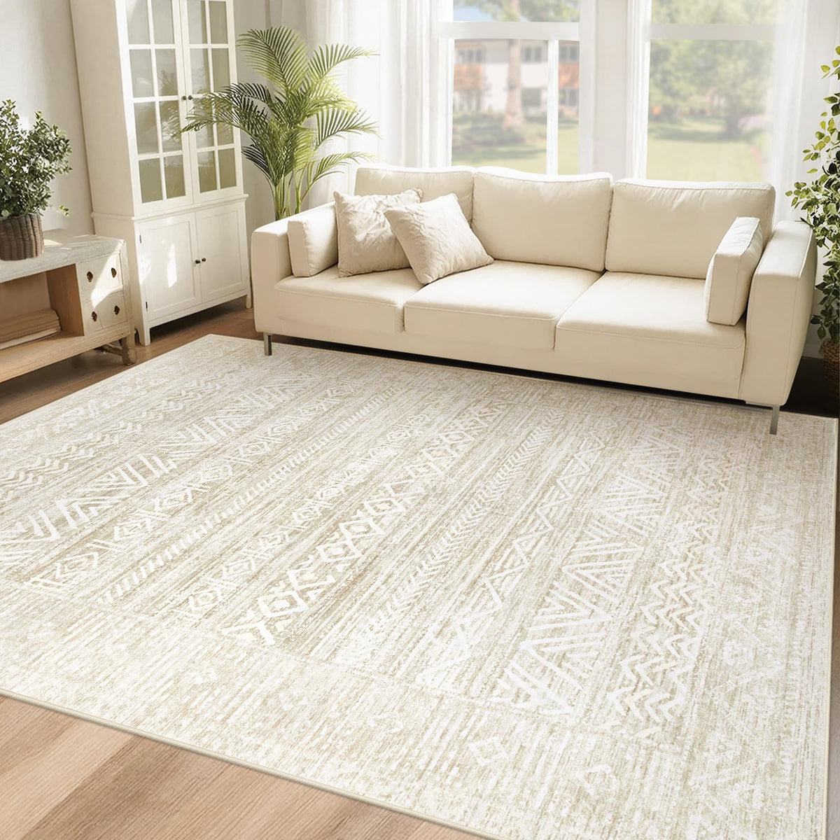 Living Room Rugs 8x10: Washable Moroccan Geometric Boho Rug Farmhouse Non Slip Stain Resistant Large Rug Low Pile Soft Carpet for Bedroom Dining Room Children Room (Beige,8'x10')