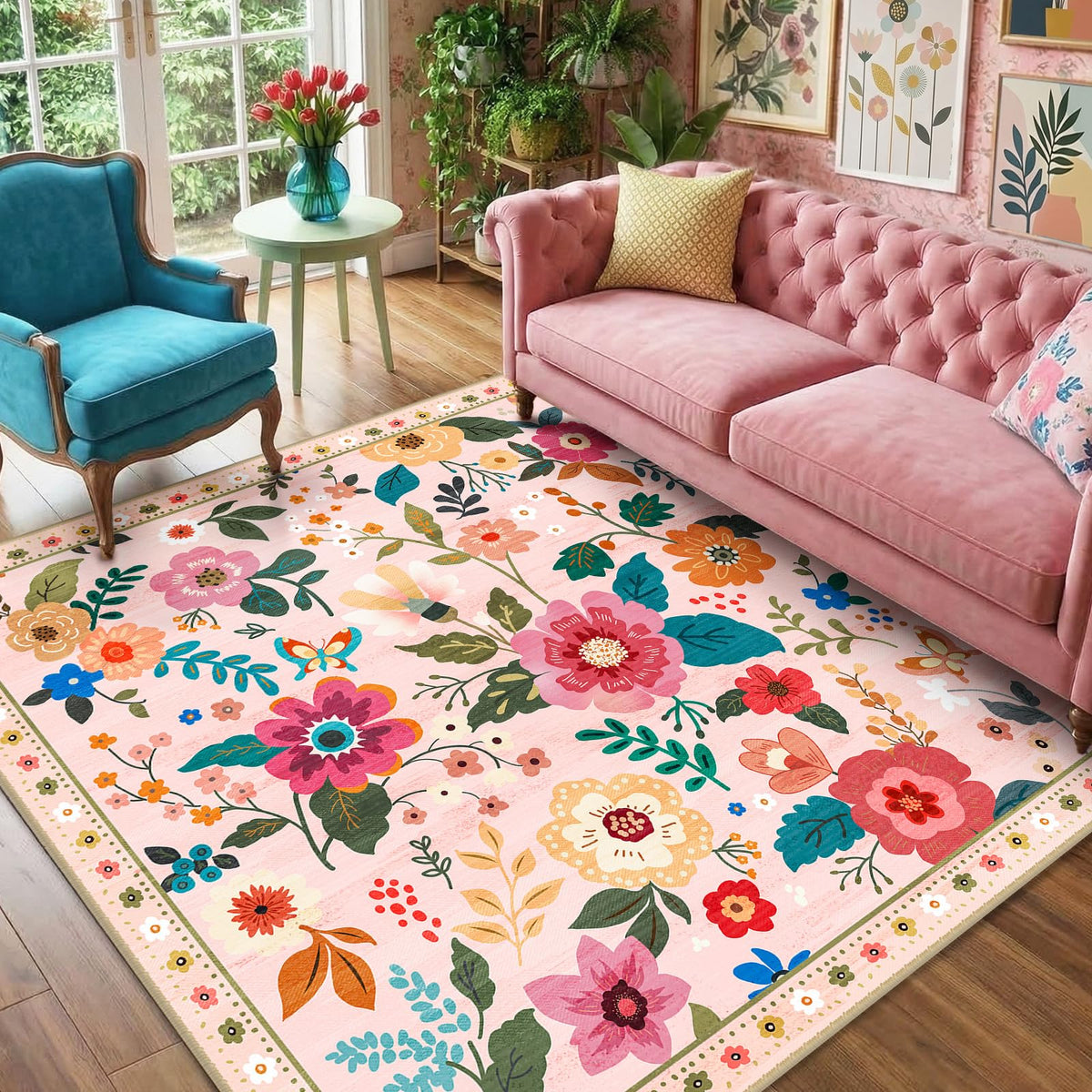 RELEANY Floral Washable 5x7 Area Rugs Pink
