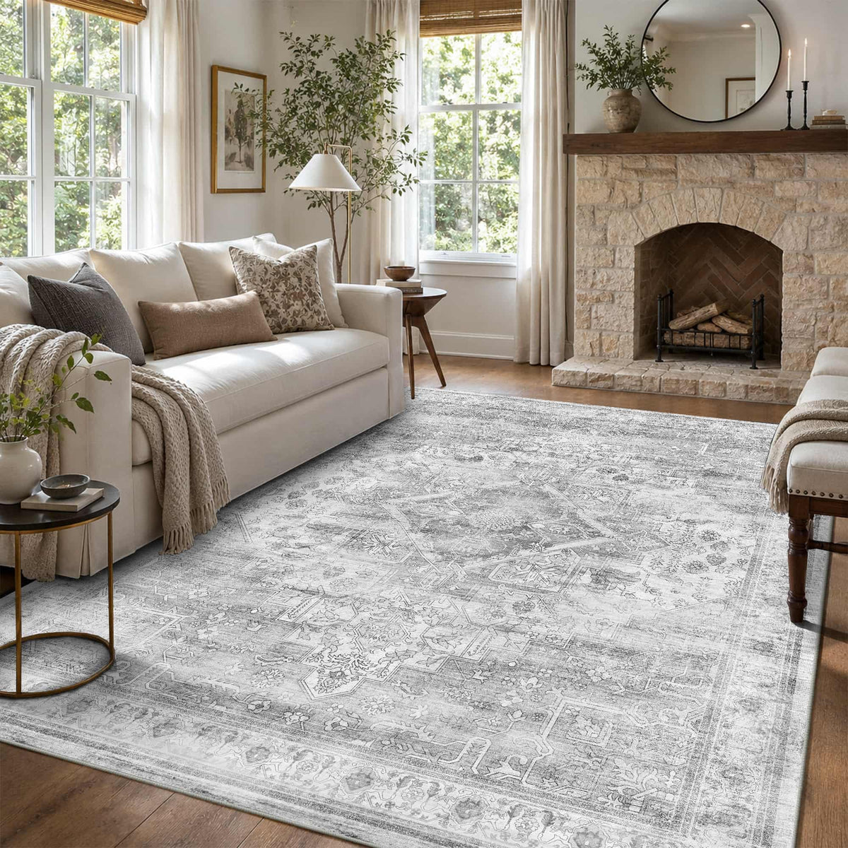 8x10 Washable Boho Area Rug, Dark Beige Farmhouse for Living Room