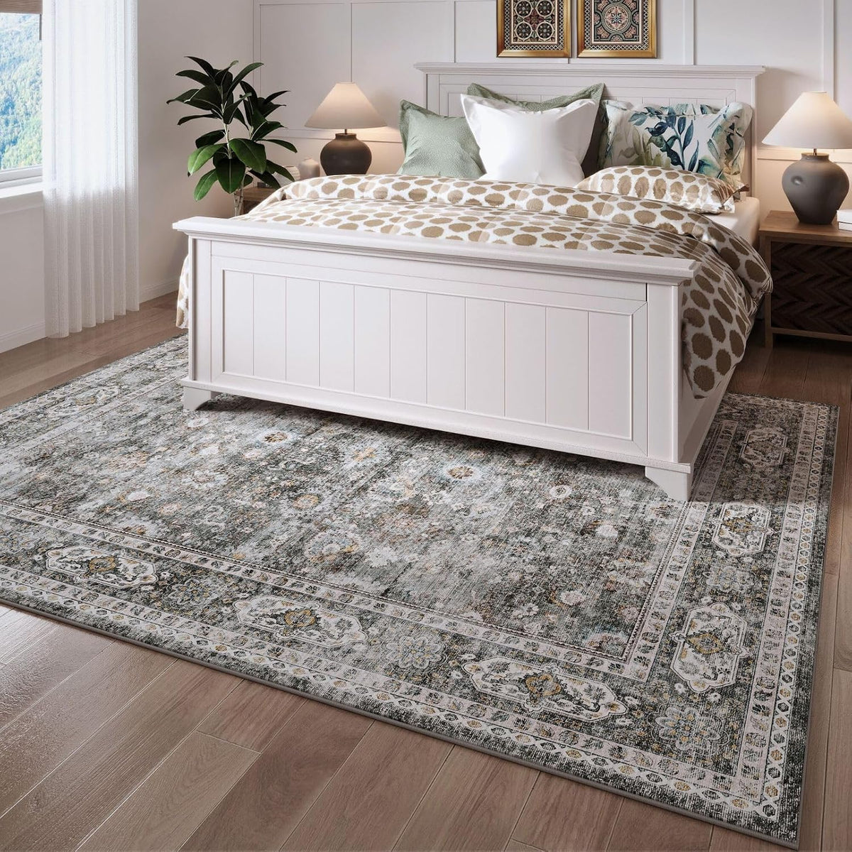 Rugcomf Large Living Room Rug 8x10 Washable Non Slip Vintage, Grey