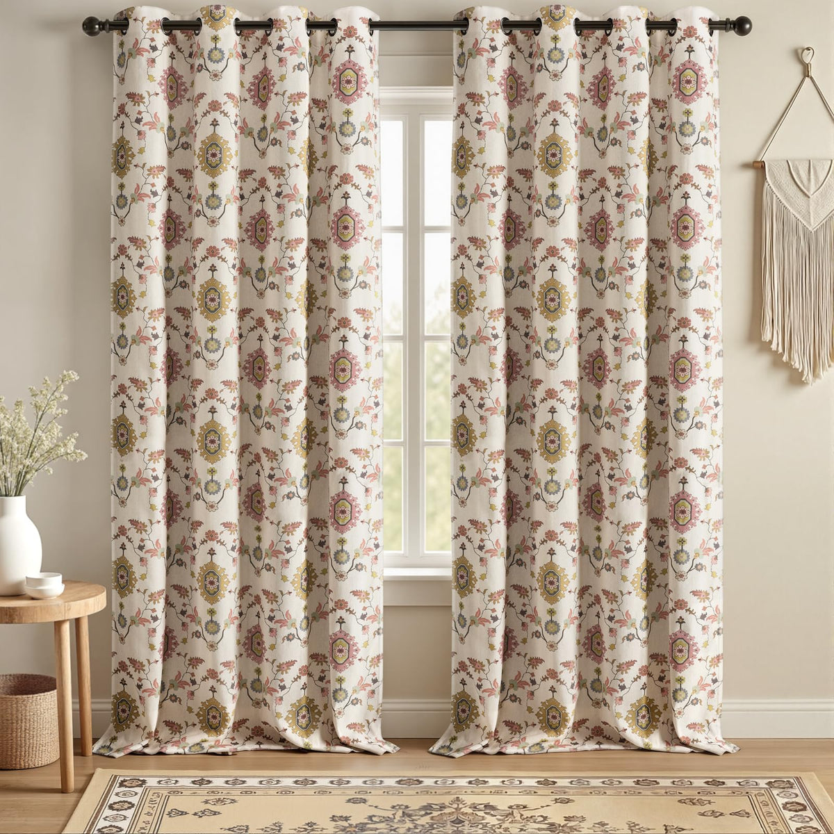 Boho Floral Light Filtering Curtains 84 Inch 2 Panels Linen Texture