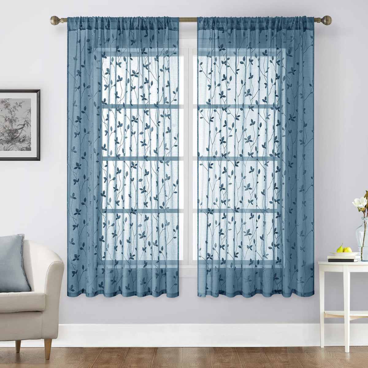 HOMEIDEAS Sage Green Sheer Curtains Leaf Embroidered, 52x84 Inch, 2 Panels