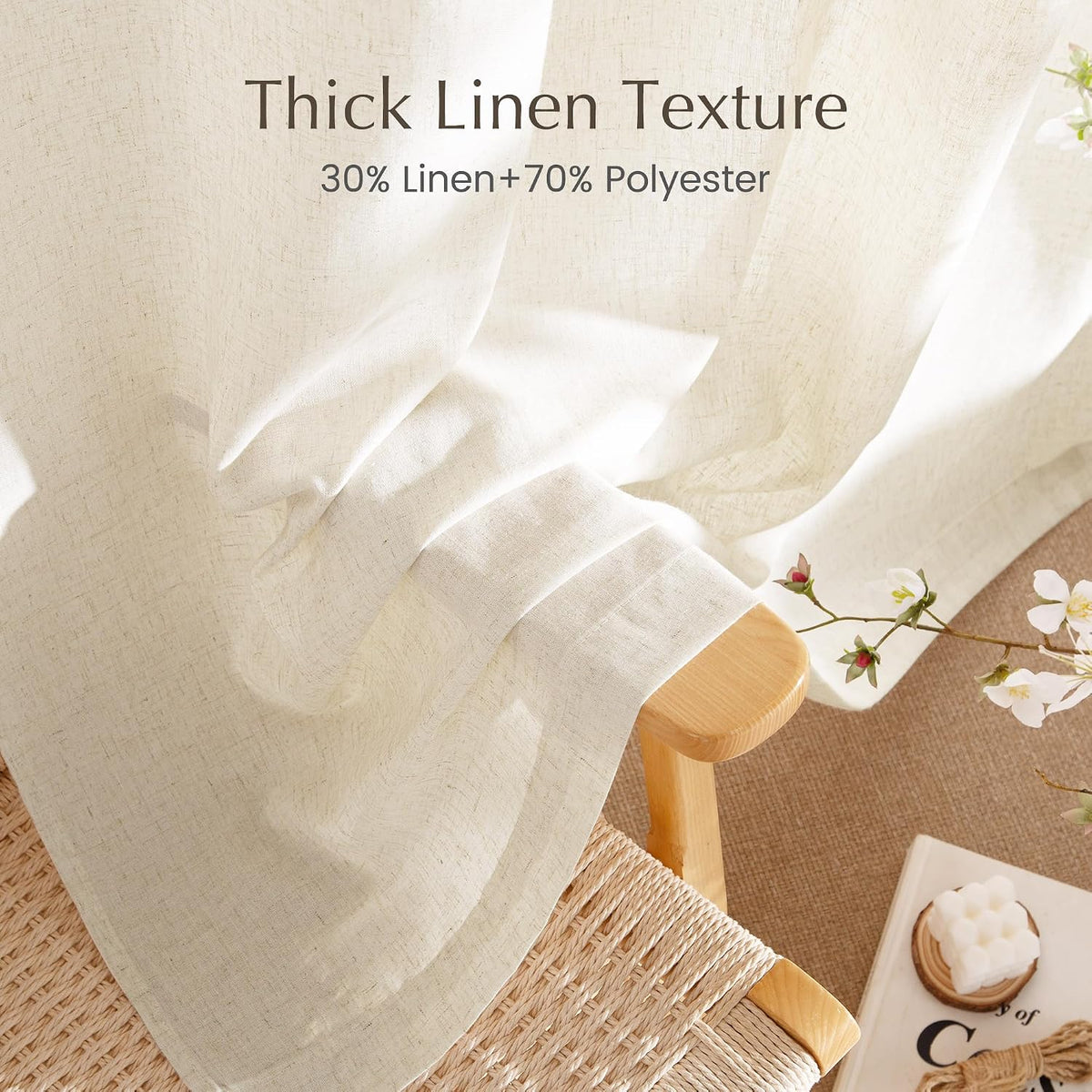 NICETOWN Natural Linen Curtains & Drapes for Windows 84 inch Long, Rod Pocket & Back Tab Thick Flax Semi Sheer Privacy Assured with Light Filtering for Bedroom/Living Room, W55 x L84, 2 Pieces