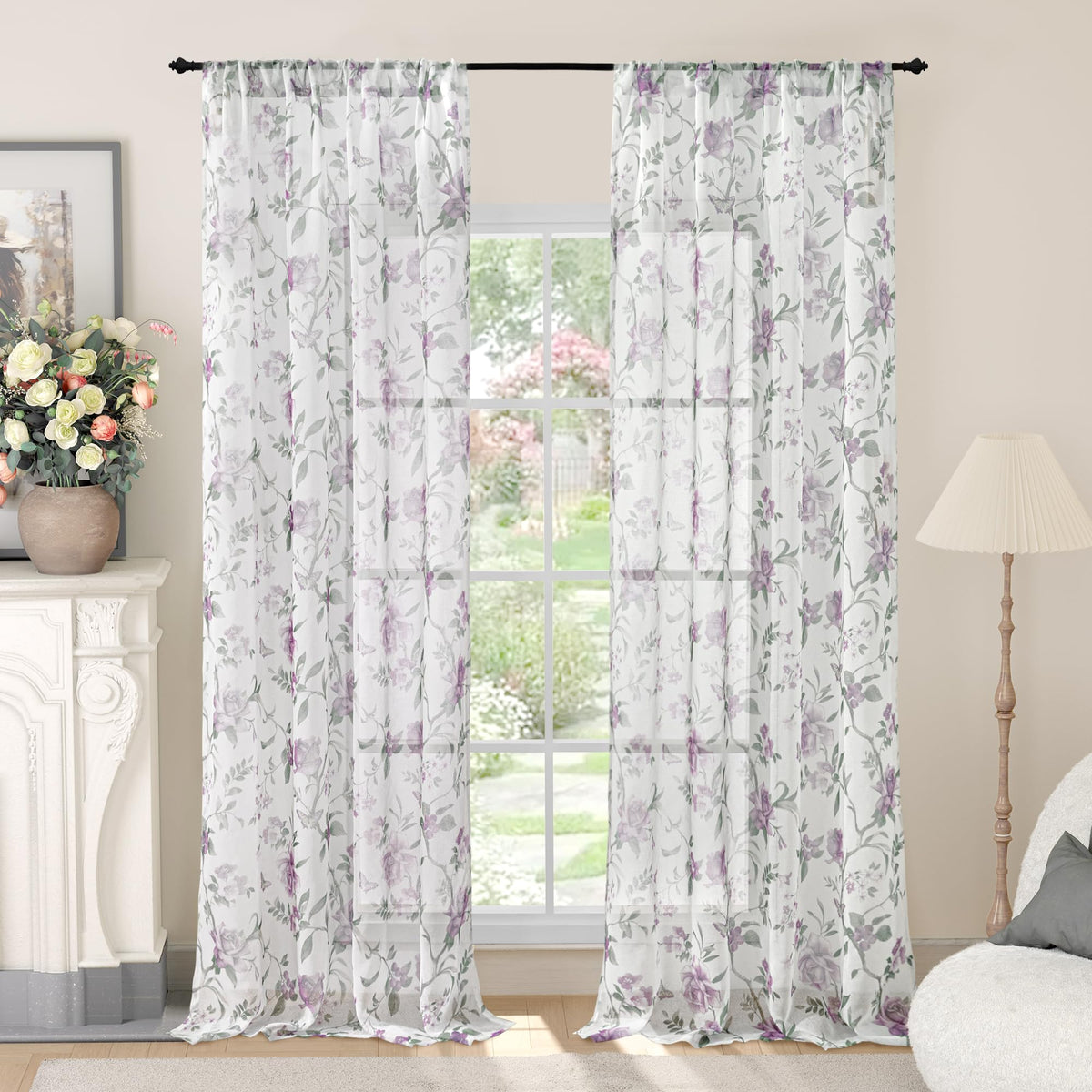 Lajode Pink Floral Sheer Curtains for Girls Room - 52x84 Inch 2 Panels