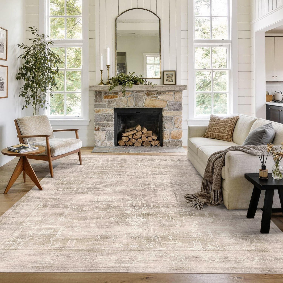 8x10 Washable Boho Area Rug, Dark Beige Farmhouse for Living Room