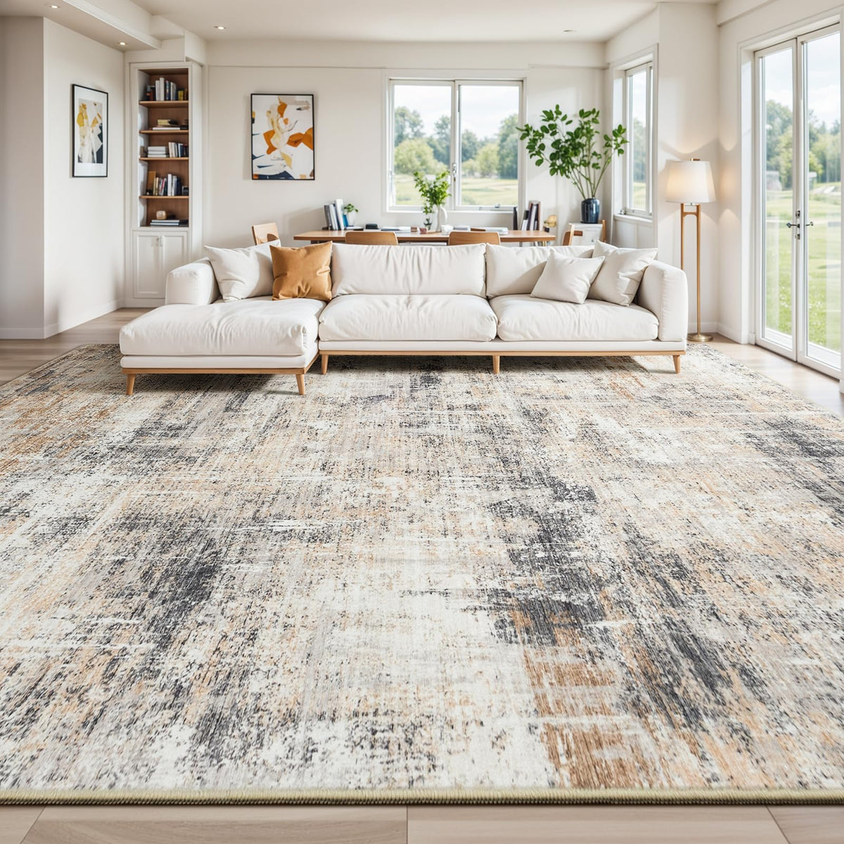 8x10 Area Rug for Living Room, Abstract Washable Non-Slip Large Rugs, Gold