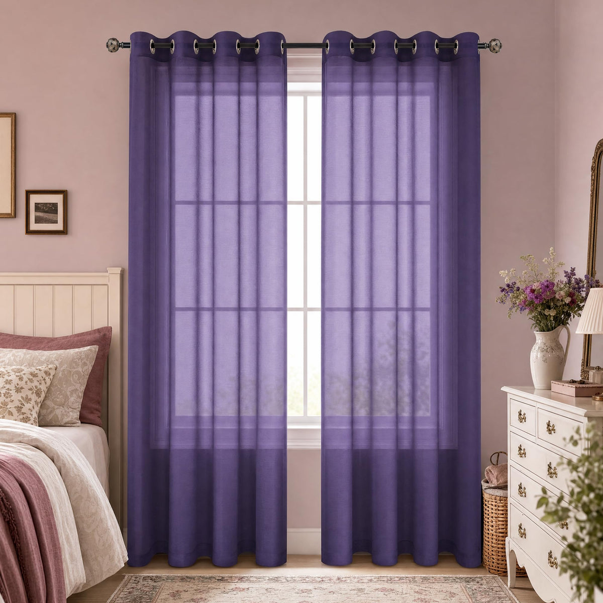 Mrs.Naturall Black Sheer Curtains 84 Inches Long for Living Room Set of 2 Panels Ring Grommet Window Curtain Panels for Bedroom 52x84 Inch Length