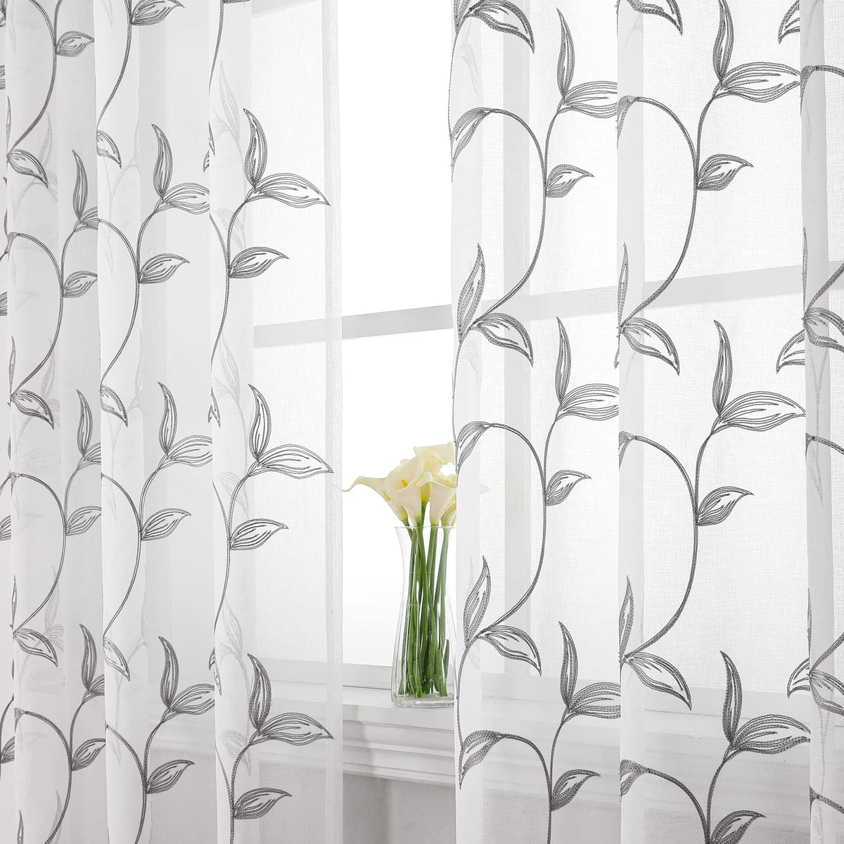 VISIONTEX Sheer Curtains Boho Leaf Floral Embroidered Cream Beige 54Wx84L