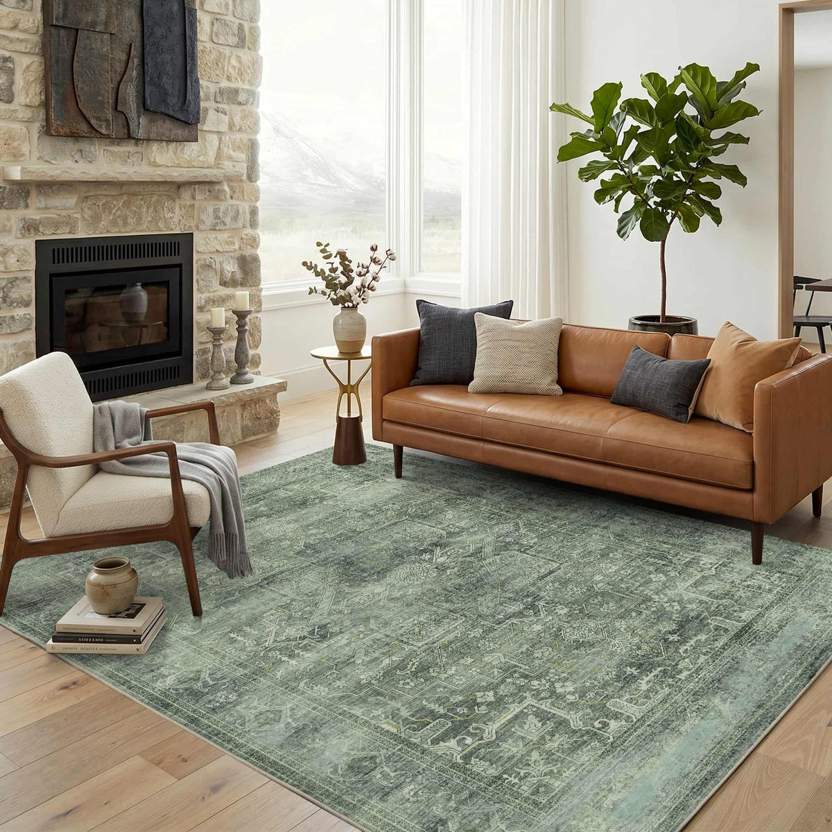 8x10 Washable Boho Area Rug, Dark Beige Farmhouse for Living Room