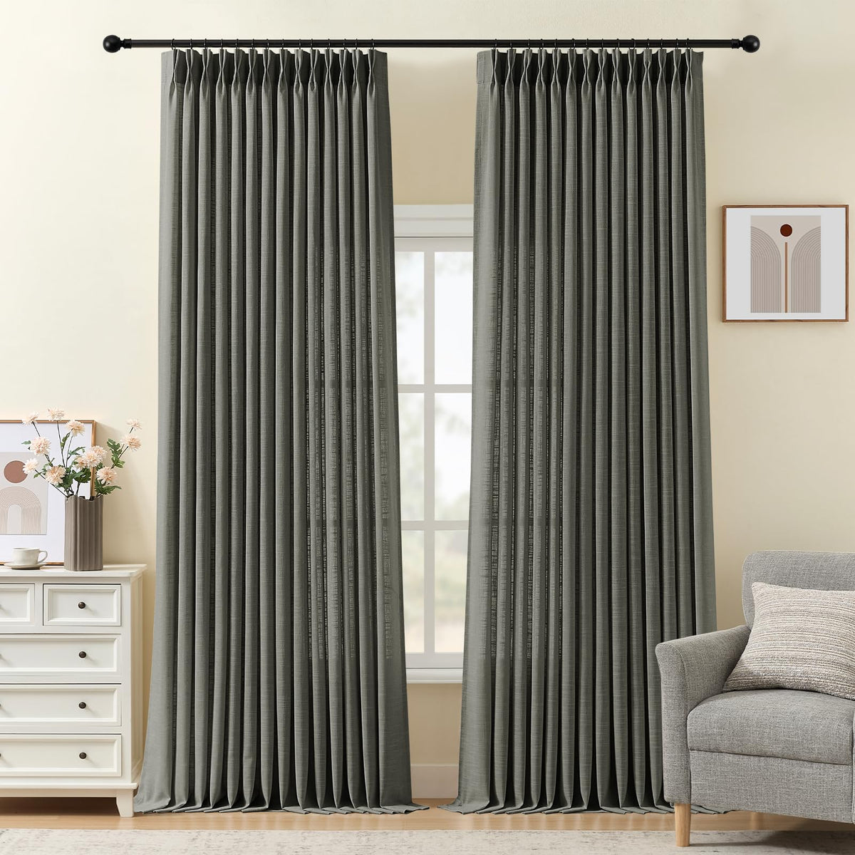 Pinch Pleated Linen Curtains 96 Inches Semi Sheer Light Filtering, 2 Panels