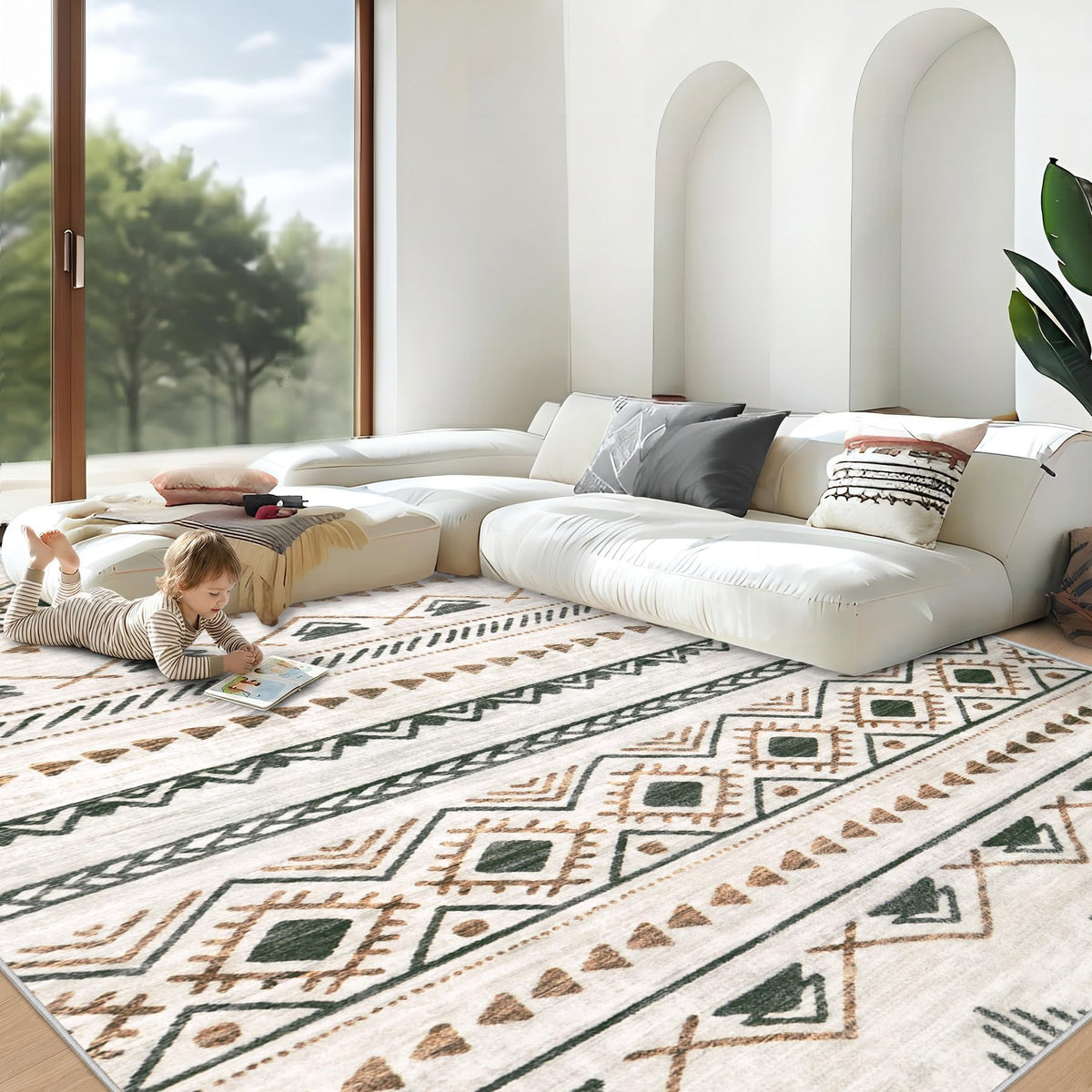 Area Rug 4x6 Geometric Rug: Washable Boho Moroccan Rugs Soft Farmhouse Rug, Modern Neutral Stain Resistant Indoor Floor Carpet for Livingroom Bedroom Dining Table Nursery(Modern Beige,4'x6')