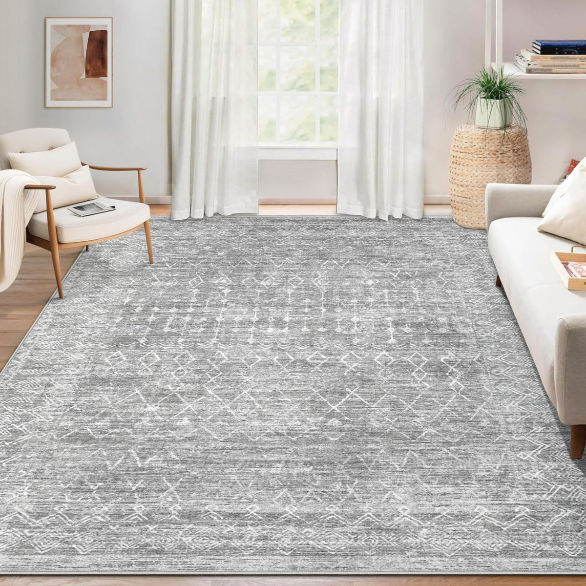 Area Rug 4x6 Geometric Rug: Washable Boho Moroccan Rugs Soft Farmhouse Rug, Modern Neutral Stain Resistant Indoor Floor Carpet for Livingroom Bedroom Dining Table Nursery(Modern Beige,4'x6')