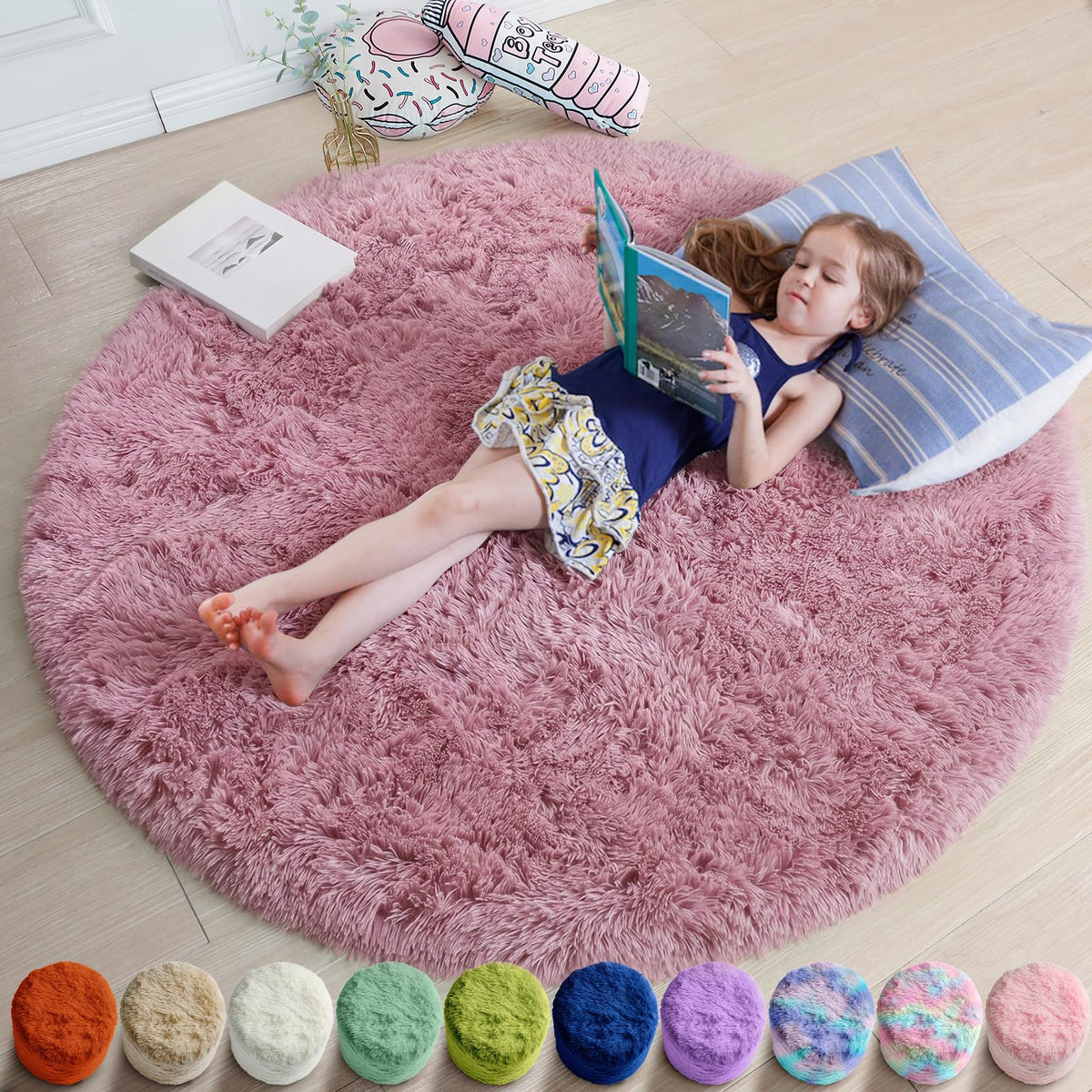Amdrebio Pink Circle Round Fluffy Area Rug 4Ft for Girls Bedroom Kids Room