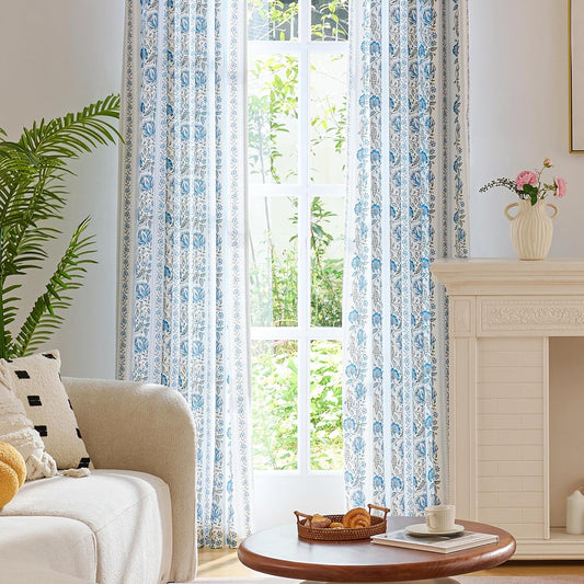 Pinch Pleated Memory Floral Linen Curtains 84 Inches 2 Panels Blue