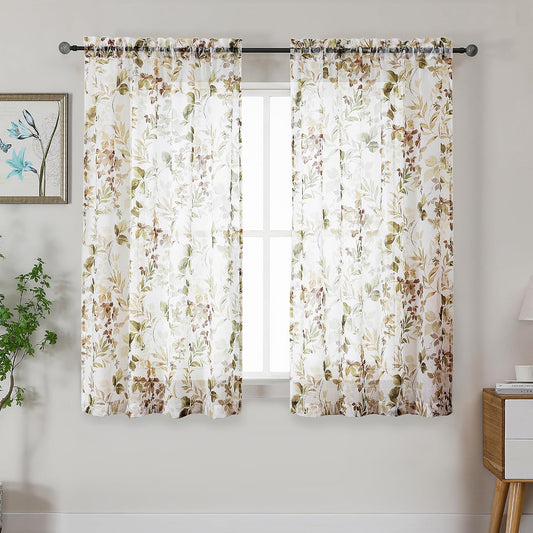 OWENIE Crushed Sheer Curtains 63 Inch Length 2 Panels Set, Sheer Floral Curtians with Printed Leaves Design, Printing Drapes for Living Room, Rod Pocket Light Filtering Window Sheers 42" W x 63" L