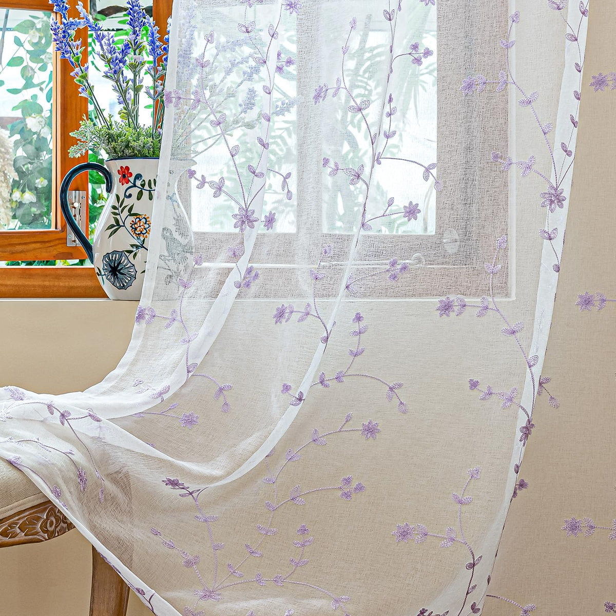 AmHoo 2 Panels Leaf Flora Embroidered Farmhouse Semi Sheer Curtain Voile Curtains for Living Room Bedroom Window Treatment White Sage Green 53 x 84 Inch