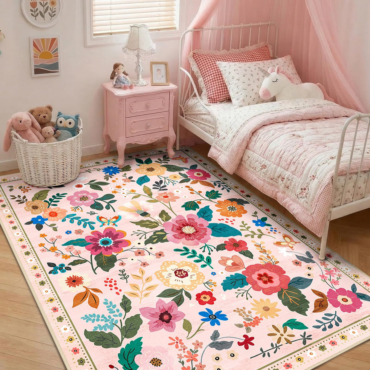 RELEANY Floral Washable 5x7 Area Rugs Pink
