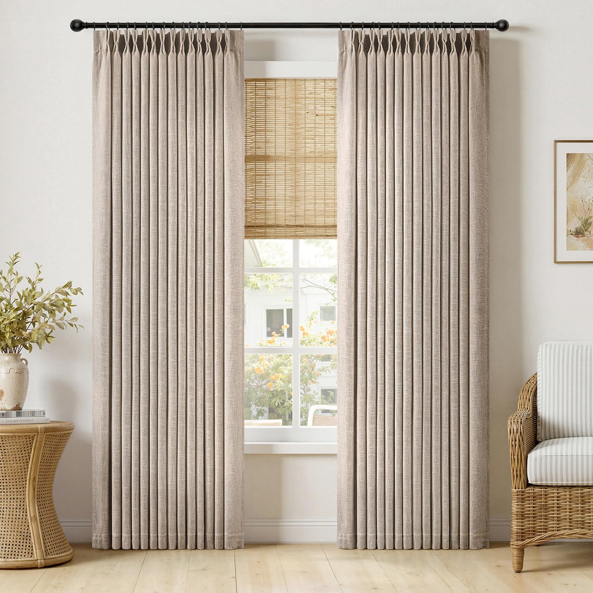 MIULEE Pinch Pleated Thick Linen Curtains 96 Inches Burlap Brown Curtains
