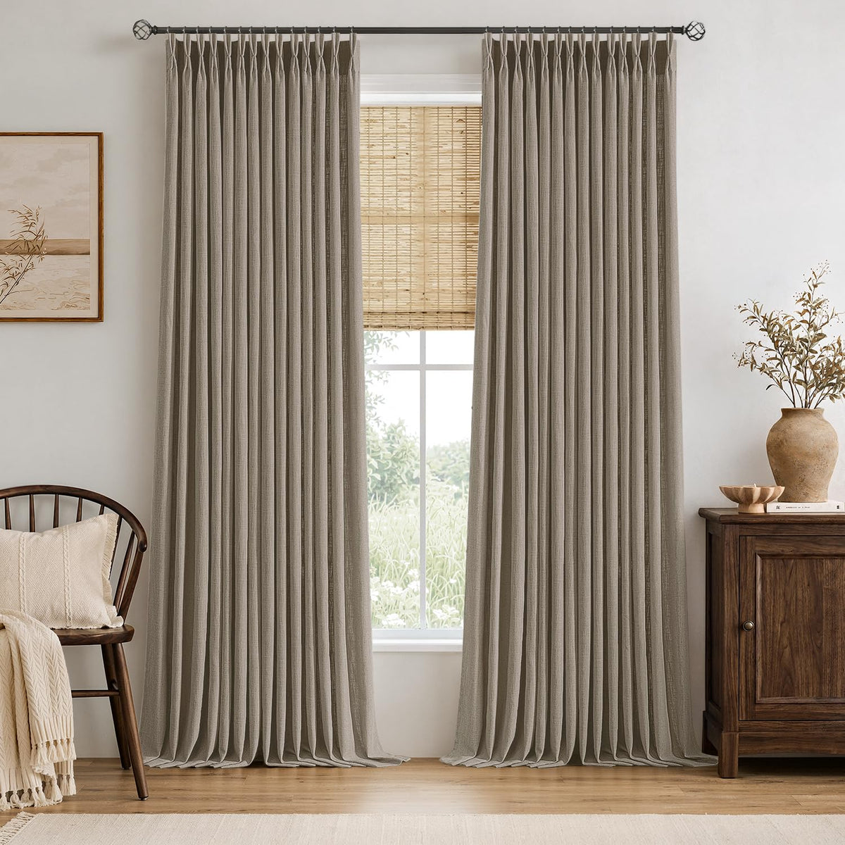 MIULEE Pinch Pleated Thick Linen Curtains 96 Inches Burlap Brown Curtains