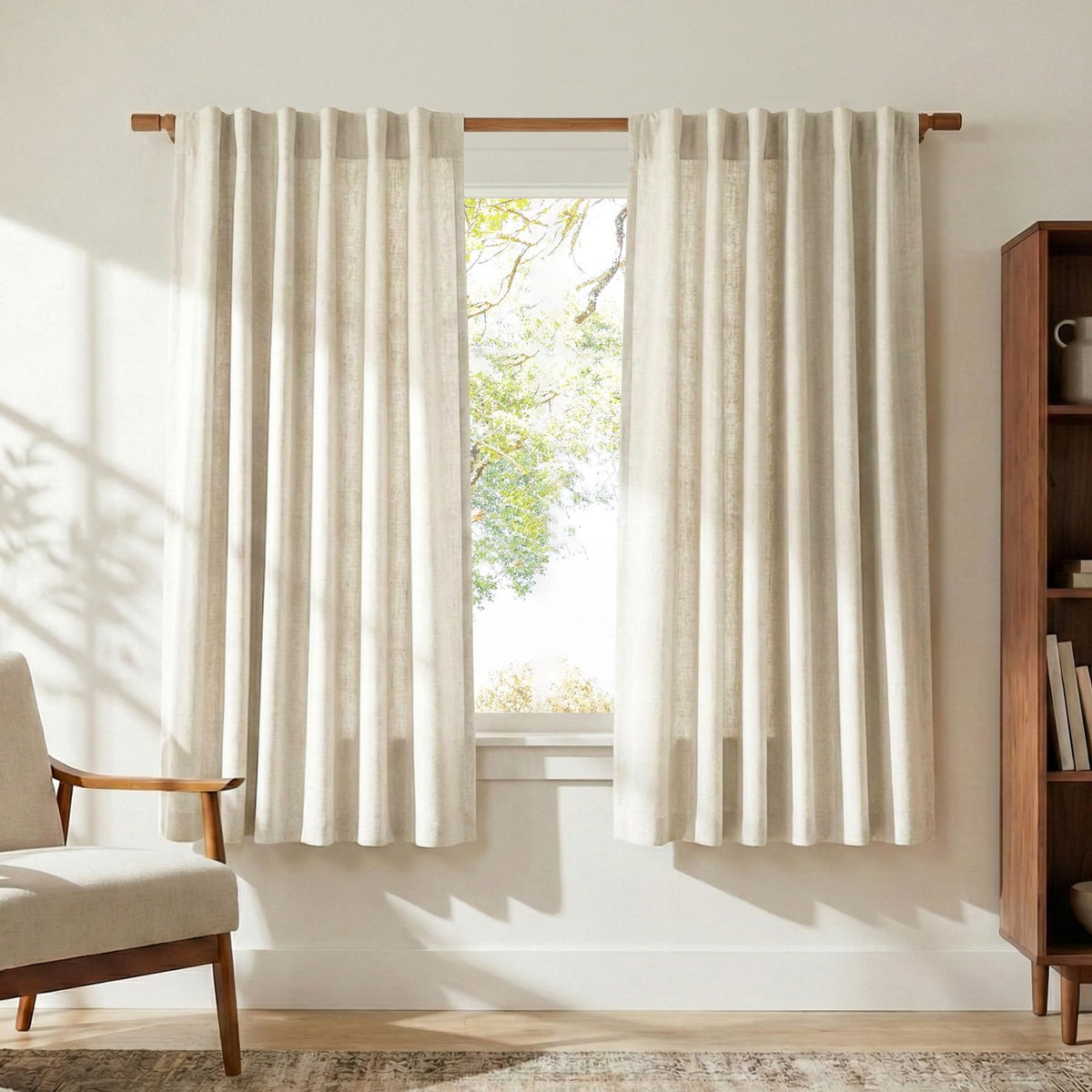 NICETOWN Natural Linen Curtains & Drapes for Windows 84 inch Long, Rod Pocket & Back Tab Thick Flax Semi Sheer Privacy Assured with Light Filtering for Bedroom/Living Room, W55 x L84, 2 Pieces